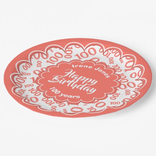 ハッピーバースデー第100回珊瑚/白色数模様 ペーパープレート (アングル)