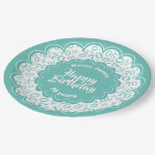 ハッピーバースデー第70のティール(緑がかった色)および白い数パターン ペーパープレート (アングル)