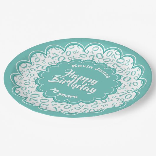 ハッピーバースデー第70のティール（緑がかった色）および白い数パターン ペーパープレート (アングル)