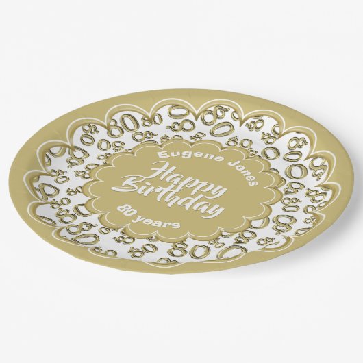 ハッピーバースデー第80の金ゴールドおよび白い数パターン ペーパープレート (アングル)