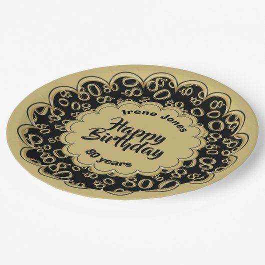 ハッピーバースデー第80の金ゴールドおよび黒い数パターン ペーパープレート (アングル)