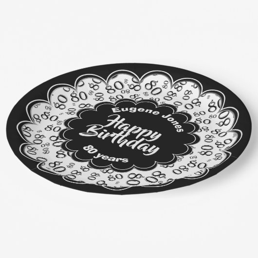 ハッピーバースデー第80白黒数パターン ペーパープレート (アングル)