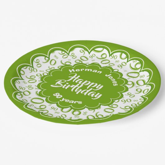 ハッピーバースデー第90の緑および白い数パターン ペーパープレート (アングル)