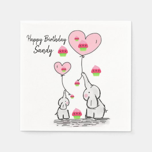 ハッピーバースデー紙ナプキンス、ゾウ スタンダードカクテルナプキン (正面)