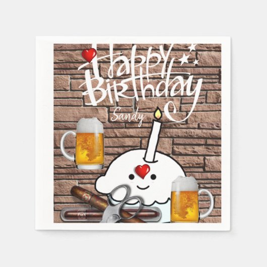 ハッピーバースデー紙ナプキンス，ビール スタンダードカクテルナプキン (正面)