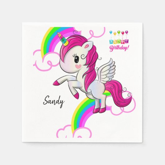ハッピーバースデー紙ナプキンス、ユニコーン スタンダードカクテルナプキン (正面)