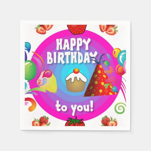 ハッピーバースデー紙ナプキンズストロベリー スタンダードカクテルナプキン (正面)