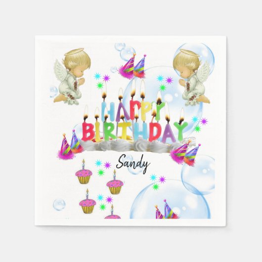 ハッピーバースデー紙ナプキンズツインエンジェルス スタンダードカクテルナプキン (正面)