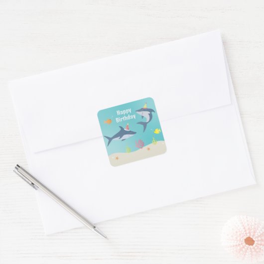 ハッピーバースデー素晴らしホワイトシャーク漫画 スクエアシール (封筒)