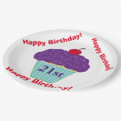 ハッピーバースデー紫つや消しさくらんぼカップケーキ ペーパープレート (アングル)