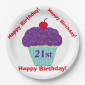 ハッピーバースデー紫つや消しさくらんぼカップケーキ ペーパープレート (正面)