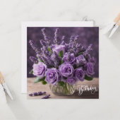 ハッピーバースデー紫のバラとラベンダーの花 カード (正面/裏面インサイチュ)