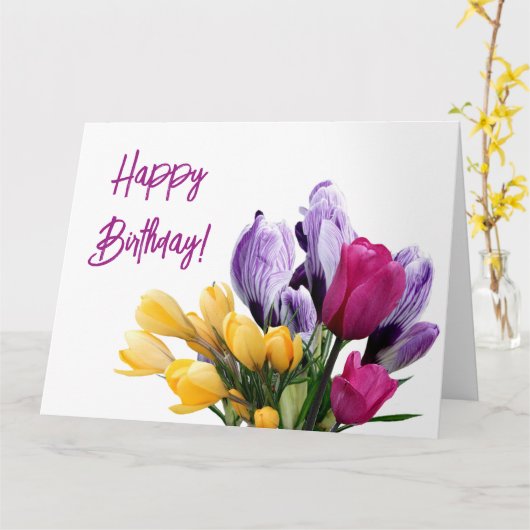 ハッピーバースデー紫イエローピンクチューリップフローラおもしろい カード (黄色い花)