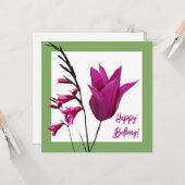 ハッピーバースデー紫チューリップミニマルトレンディーかわいい カード (正面/裏面インサイチュ)