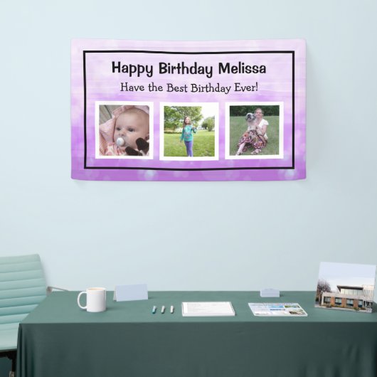 ハッピーバースデー紫パーソナライズされた写真 横断幕 (トレードショー)