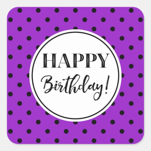 ハッピーバースデー紫ホワイトドット スクエアシール (正面)