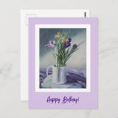 ハッピーバースデー紫ヴィンテージ絵画の花の芸術 ポストカード (正面/裏面)
