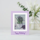 ハッピーバースデー紫ヴィンテージ花素晴らし芸術ポー ポストカード (スタンド正面)