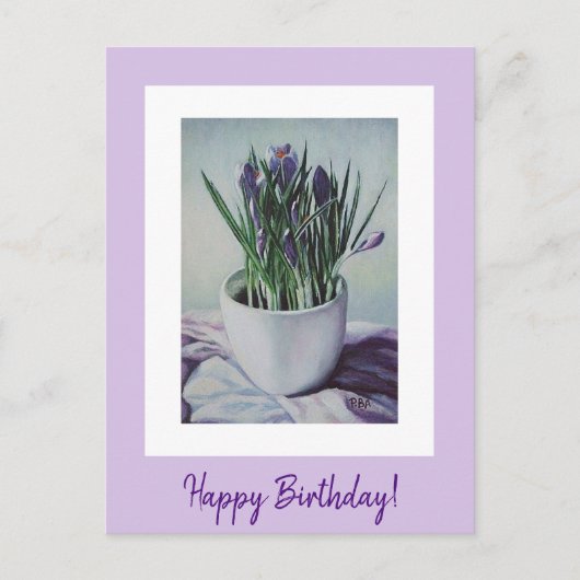 ハッピーバースデー紫ヴィンテージ花素晴らし芸術ポー ポストカード (正面)