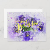 ハッピーバースデー紫色の水彩パンジー花 ポストカード (正面/裏面)