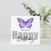 ハッピーバースデー紫色の蝶パーソナライズされたの名前 カード (スタンド正面)