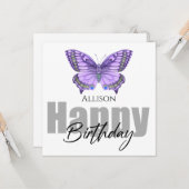 ハッピーバースデー紫色の蝶パーソナライズされたの名前 カード (正面/裏面インサイチュ)