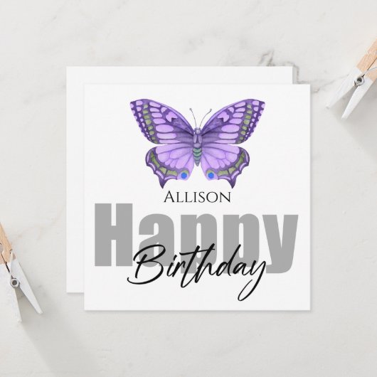 ハッピーバースデー紫色の蝶パーソナライズされたの名前 カード (正面/裏面インサイチュ)