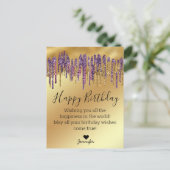 ハッピーバースデー紫金ゴールド滴下グリッター金属 ポストカード (スタンド正面)