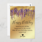 ハッピーバースデー紫金ゴールド滴下グリッター金属 ポストカード (正面/裏面)