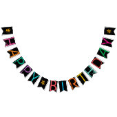 ハッピーバースデー絵を描（ばちゃばちゃ）跳ねる効果文字オン黒 バンティングフラッグ (全)