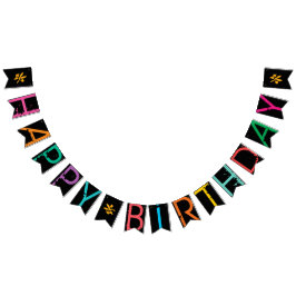 ハッピーバースデー絵を描（ばちゃばちゃ）跳ねる効果文字オン黒 バンティングフラッグ