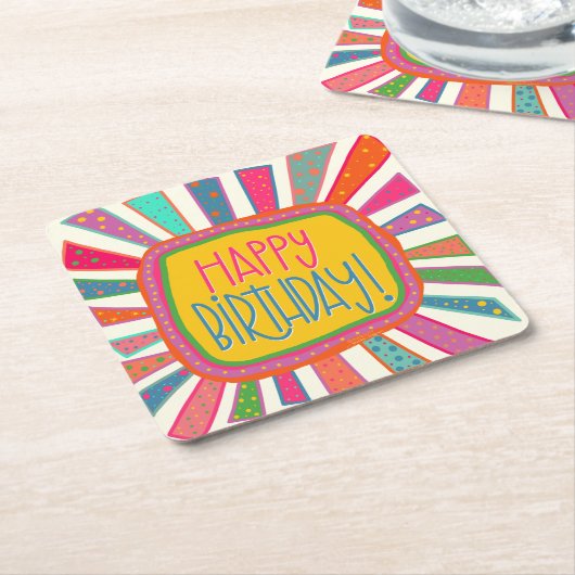 ハッピーバースデー線カラフルおもしろいパーティー スクエアペーパーコースター (アングル)