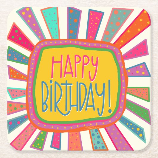 ハッピーバースデー線カラフルおもしろいパーティー スクエアペーパーコースター (正面)