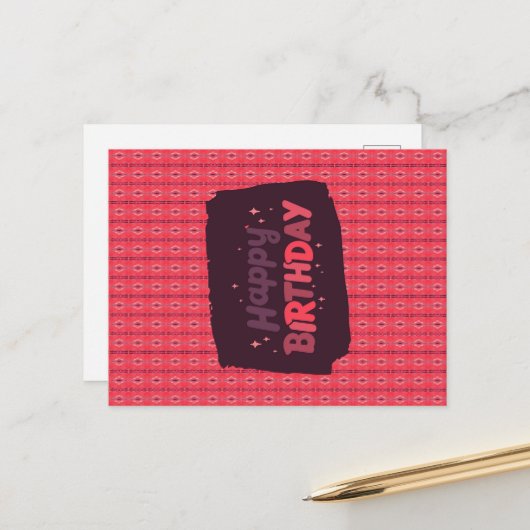 ハッピーバースデー縦弦オーナメントピンク ポストカード (正面/裏面インサイチュ)