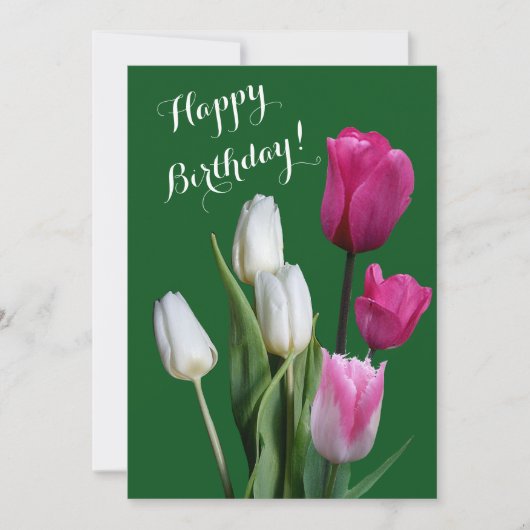 ハッピーバースデー美しいフローラホワイトピンクのチューリップ シーズンカード (正面)