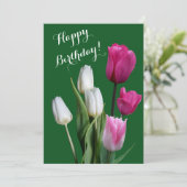 ハッピーバースデー美しいフローラホワイトピンクのチューリップ シーズンカード (スタンド正面)