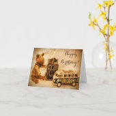 ハッピーバースデー茶色の木製ヴィンテージおもちゃカメラ カード (黄色い花)