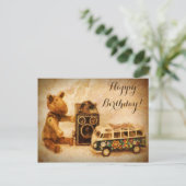 ハッピーバースデー茶色の木製ヴィンテージ玩具 ポストカード (スタンド正面)