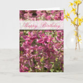 ハッピーバースデー葉ピンクのが植物の茎の写真に カード (黄色い花)