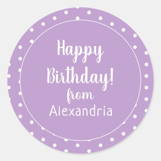 ハッピーバースデー薄紫パープル水玉模様 ラウンドシール (正面)