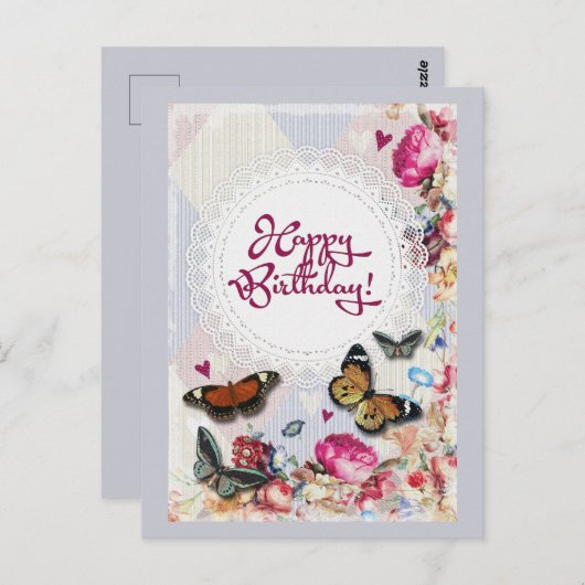 ハッピーバースデー蝶と花 ポストカード (正面/裏面)