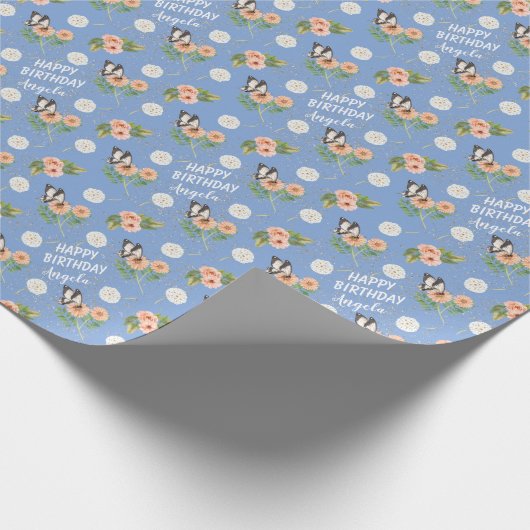 ハッピーバースデー蝶フローラ パーソナライズされた ラッピングペーパー (角)