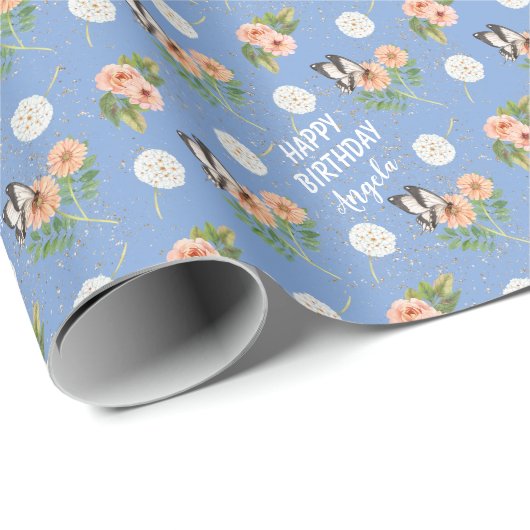 ハッピーバースデー蝶フローラ パーソナライズされた ラッピングペーパー (ロールコーナー)