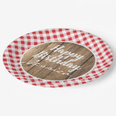 ハッピーバースデー赤く素朴な木BBQのピクニックパーティー ペーパープレート (アングル)