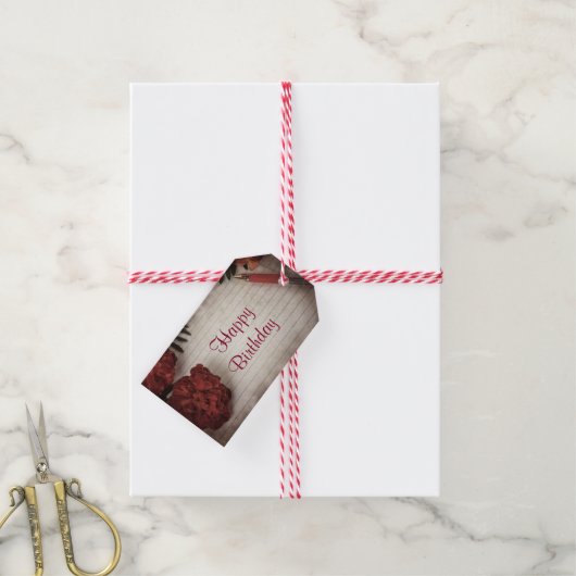 ハッピーバースデー赤フローラペンと紙 ギフトタグ (より糸付き)