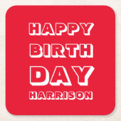 ハッピーバースデー赤白名前をカスタムする モダン スクエアペーパーコースター (正面)