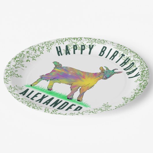 ハッピーバースデー追加の名前ヤギと葉 ペーパープレート (アングル)