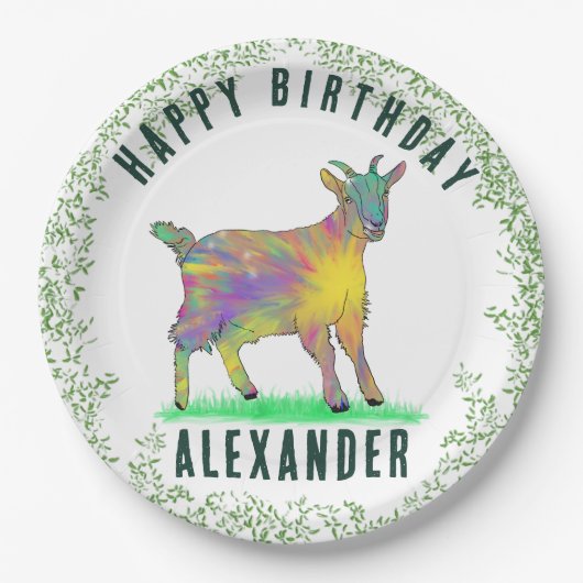 ハッピーバースデー追加の名前ヤギと葉 ペーパープレート (正面)