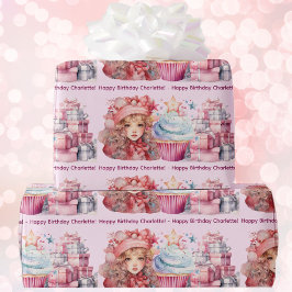 ハッピーバースデー追加ガール名かわいいピンクカップケーキ ラッピングペーパー