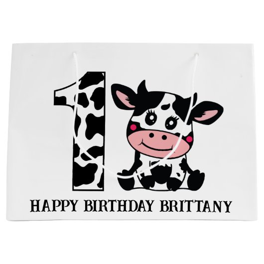 ハッピーバースデー追加ネームファーム牛の子供ユニセックス ラージペーパーバッグ (正面)